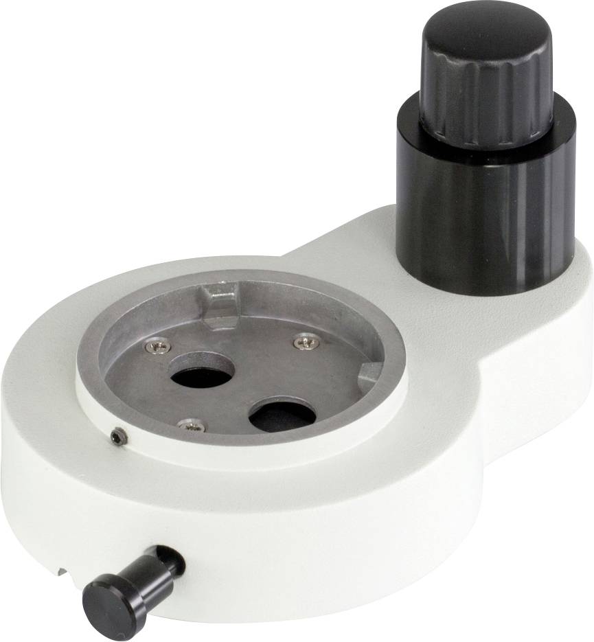 Ein weißes, rundes Mikroskop-Zubehörteil mit zwei Löchern und einem schwarzen, geriffelten Drehknopf auf einer Seite.