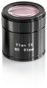 Ein schwarzes Mikroskopobjektiv mit der Beschriftung 'Plan 1X WD 91mm', zeigt seine Vergrößerungsstärke und Arbeitsabstand.