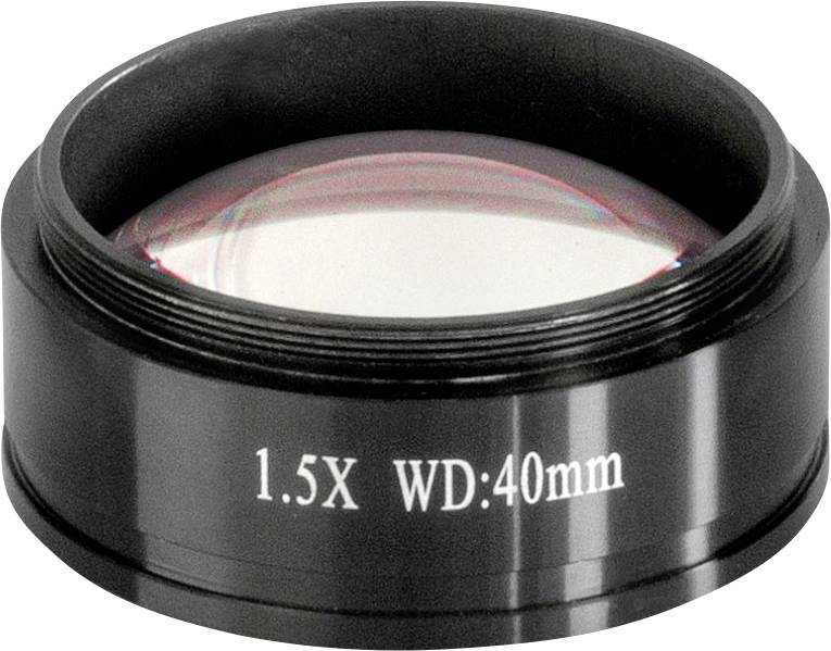 Vergrößerungslinse mit der Aufschrift '1.5X WD:40mm', verwendet zur Nahaufnahme oder Detailgenauigkeit in optischen Geräten.