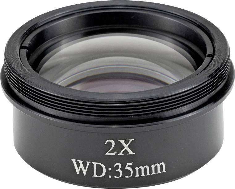 Doppelte Vergrößerungslinse mit der Aufschrift '2X WD:35mm', geeignet für optische Geräte.