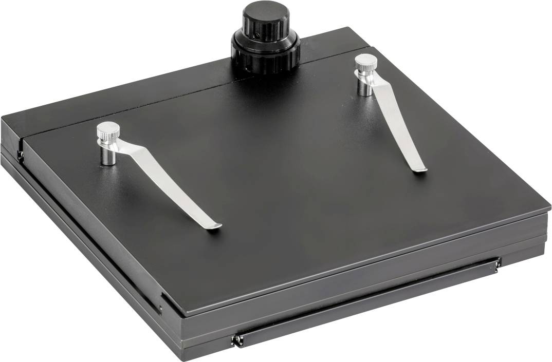 Schwarzes, rechteckiges Gerät mit Drehknopf oben. Zwei metallische Hebel sind darauf montiert.