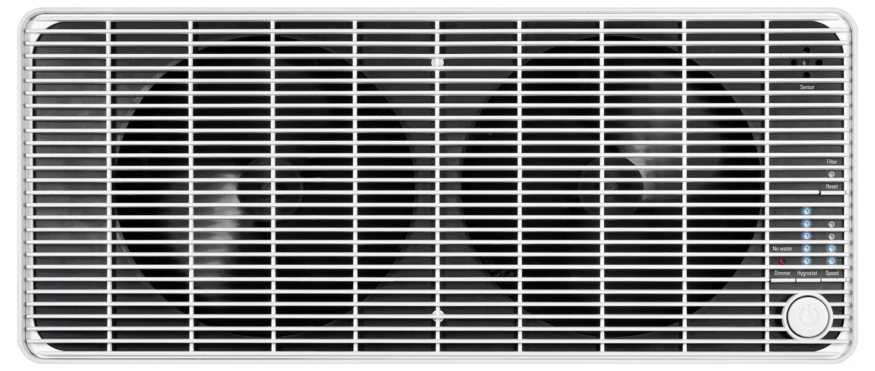 Fenster-Klimaanlage mit Frontgitter, hinter den Lamellen sichtbarem Ventilator und Bedienfeld auf der rechten Seite.