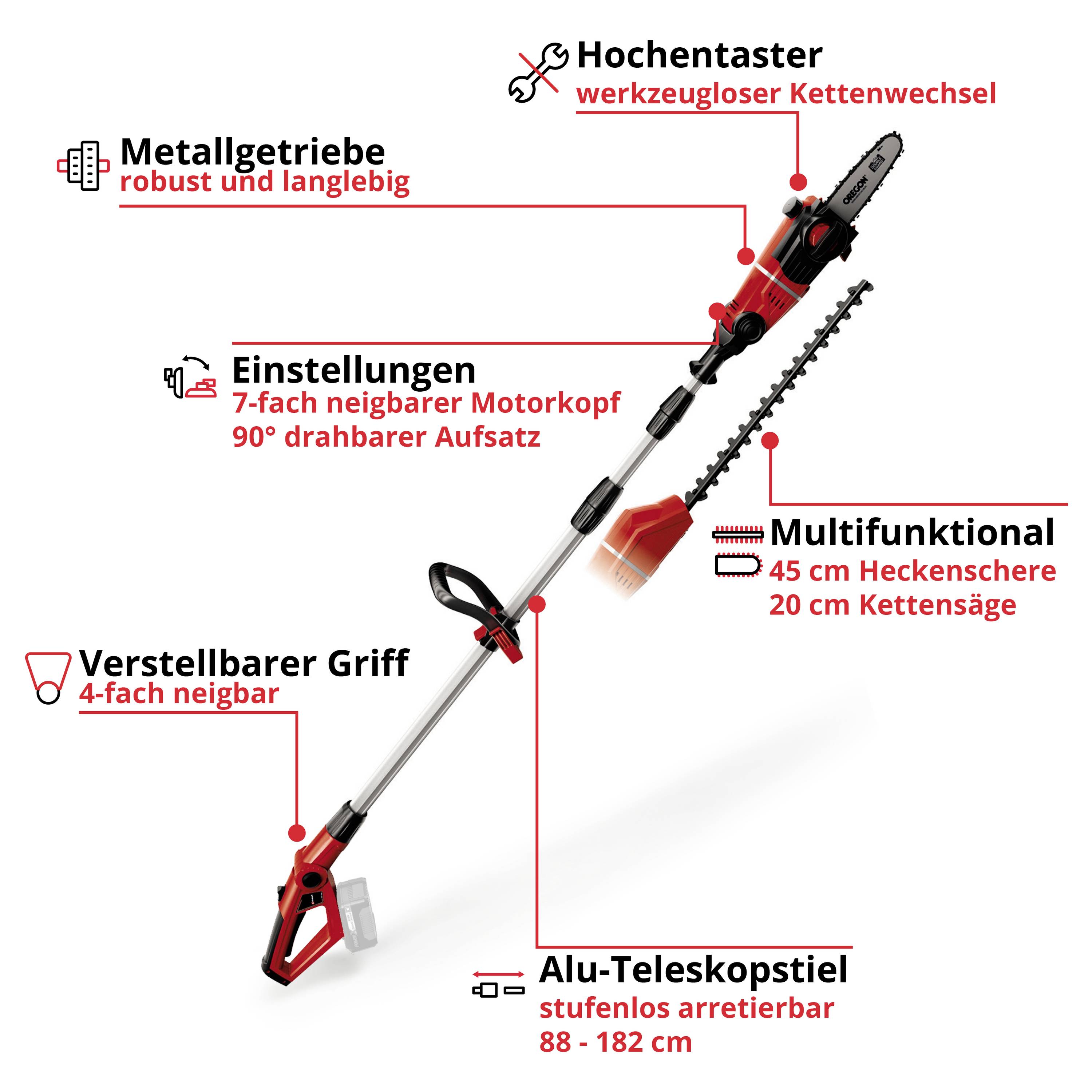 Hochentaster-Multifunktionswerkzeug: Verstellbarer Aluminium-Teleskopstiel, multifunktionaler Kopf mit Kettensäge und Heckenschere.