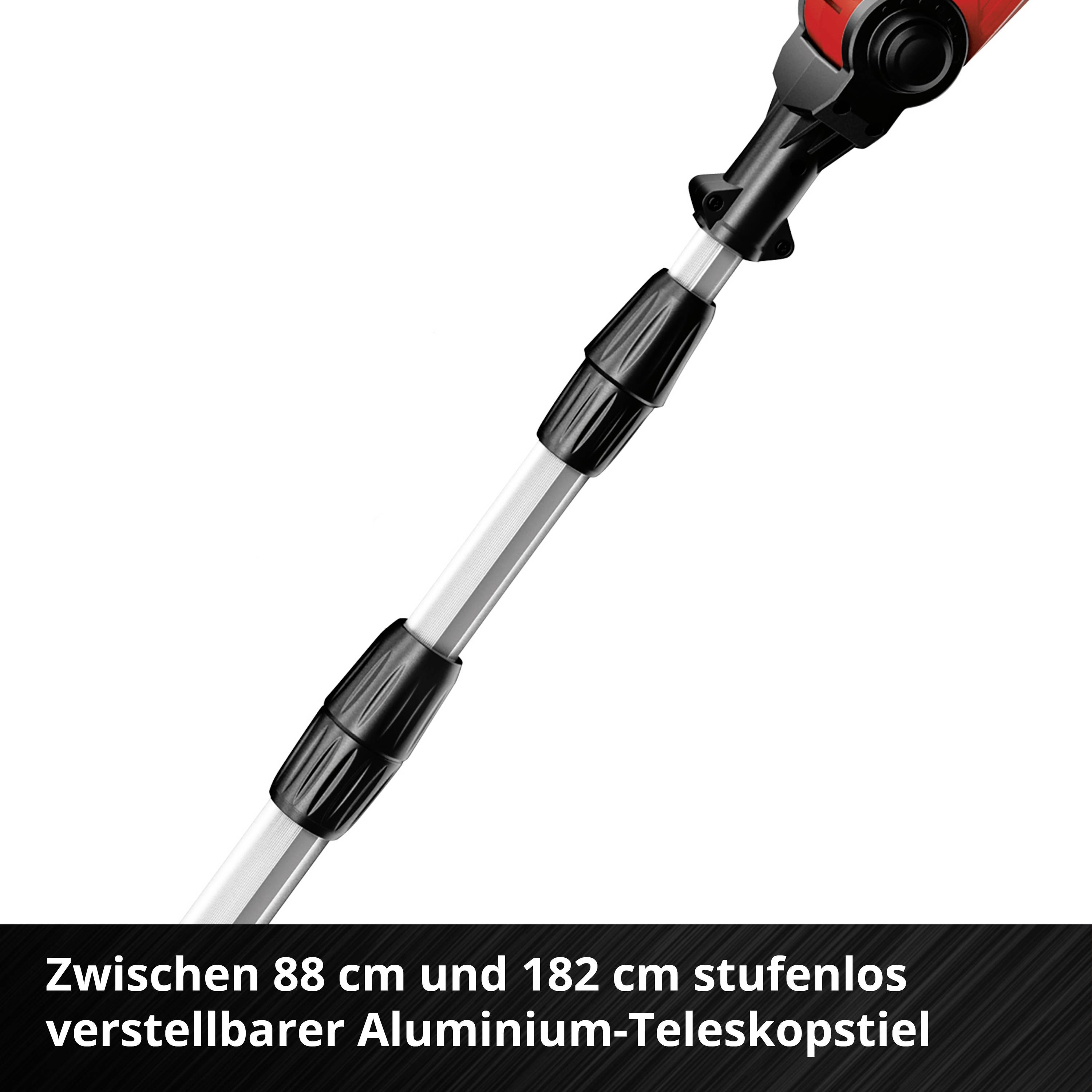 Ein verstellbarer Aluminium-Teleskopstiel, einstellbar zwischen 88 cm und 182 cm.