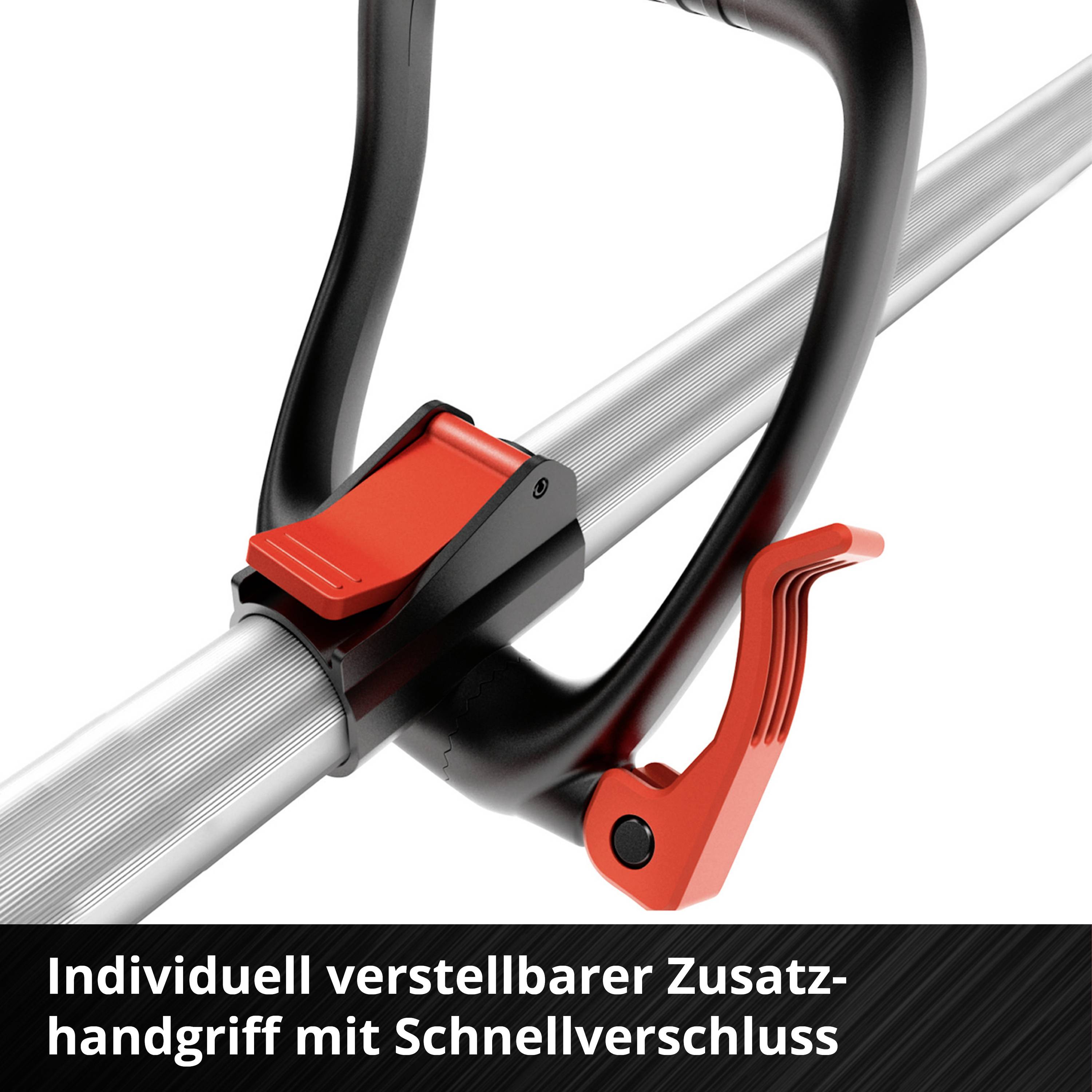 Zusatzhandgriff an einer Stange, individuell verstellbar, mit rotem Schnellverschluss für einfache Anpassung.