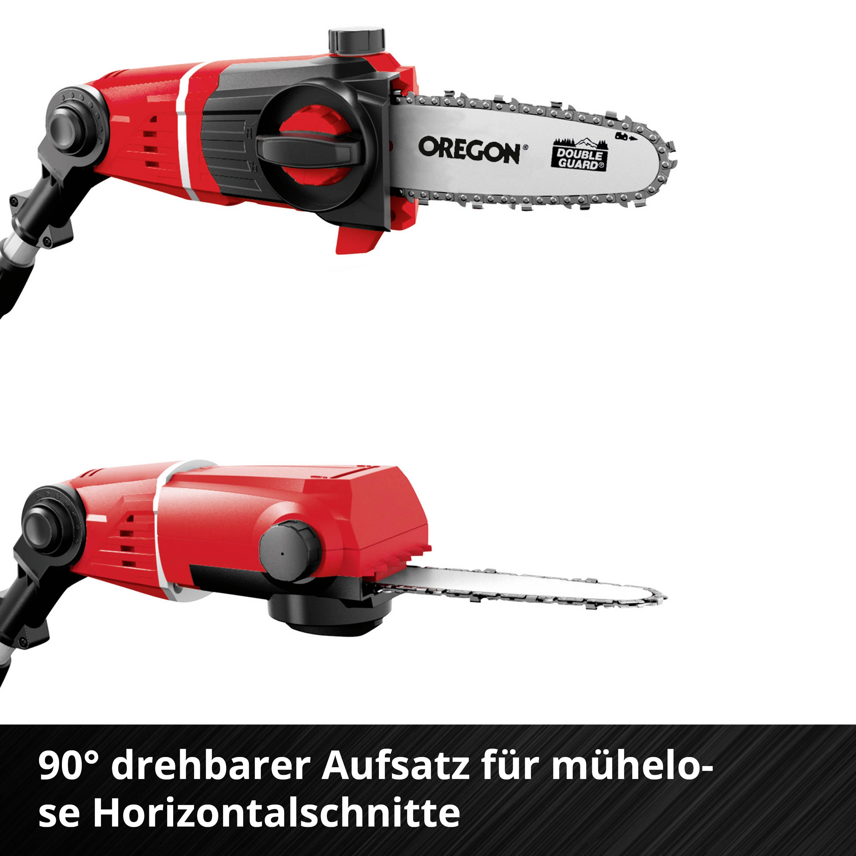 Roter Kettensägenaufsatz mit 90 Grad Drehgelenk, markiert mit 'Oregon'. Text unten: '90° drehbarer Aufsatz für mühelose Horizontalschnitte'.