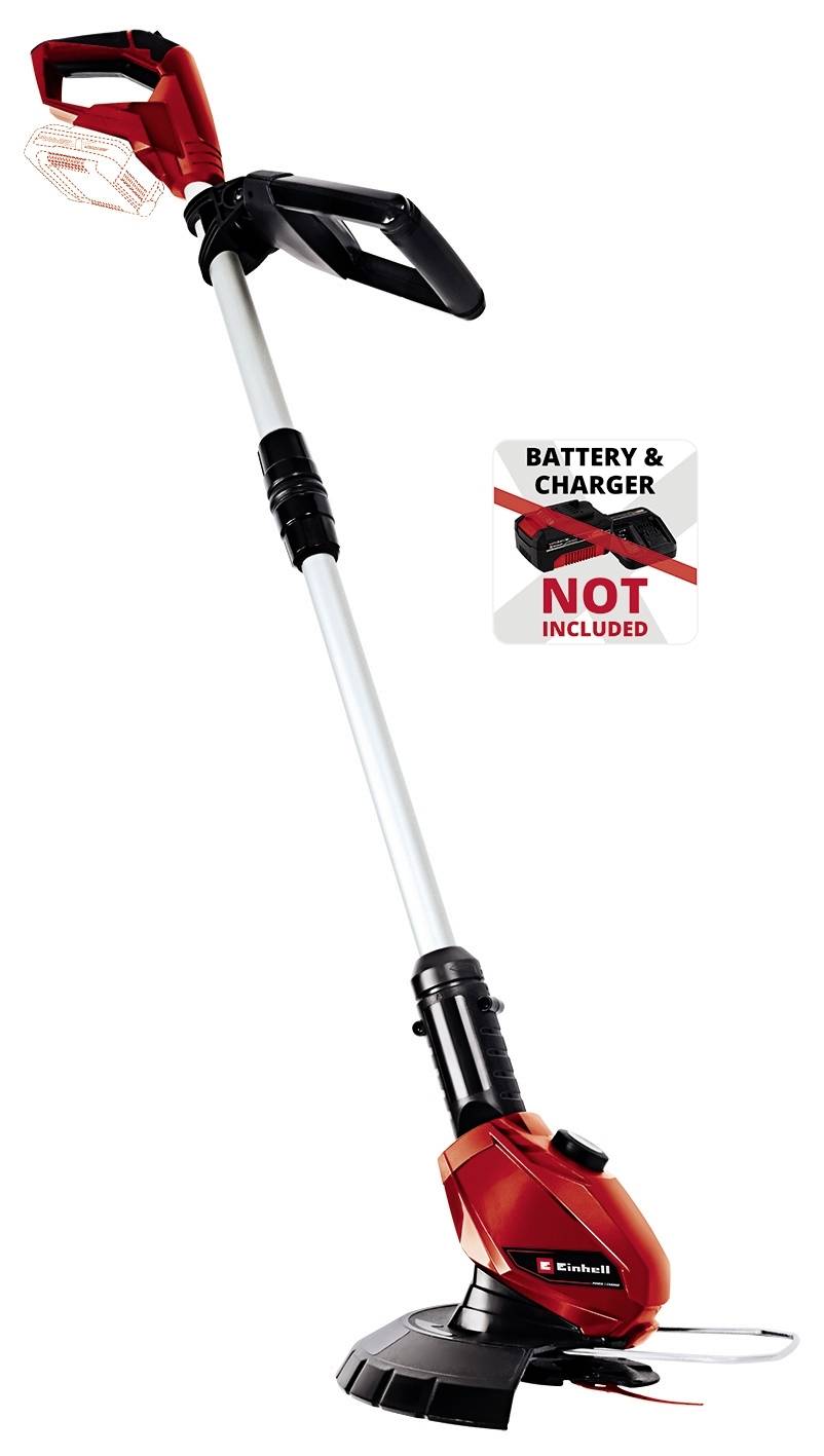 Ein roter Rasentrimmer mit schwarzem Griff und Stiel. Ein Hinweis zeigt 'Battery & Charger Not Included'.
