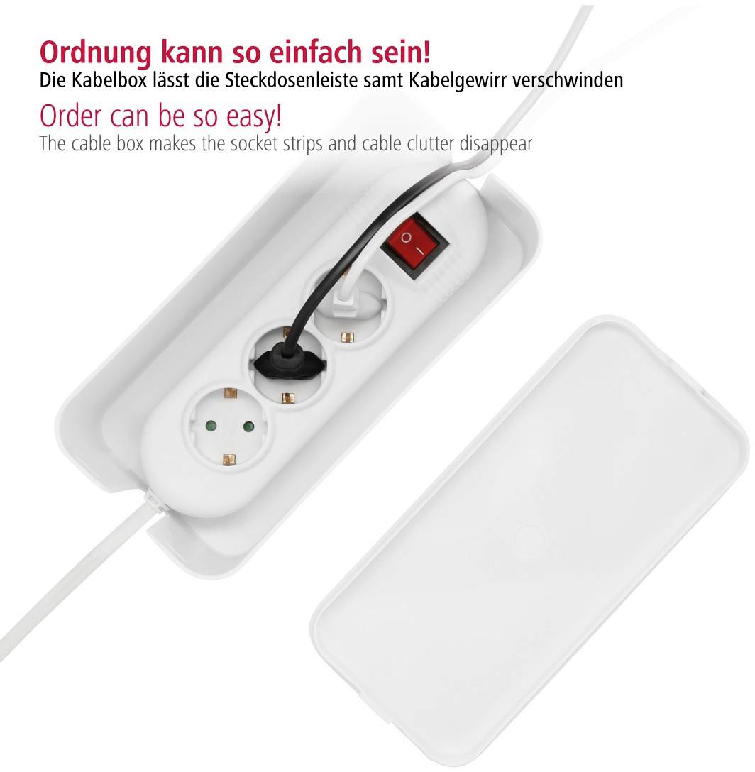 'Ordnung kann so einfach sein! Die Kabelbox lässt die Steckdosenleiste samt Kabelgewirr verschwinden.' Weiße Kabelbox mit Steckdosenleiste und Kabel.