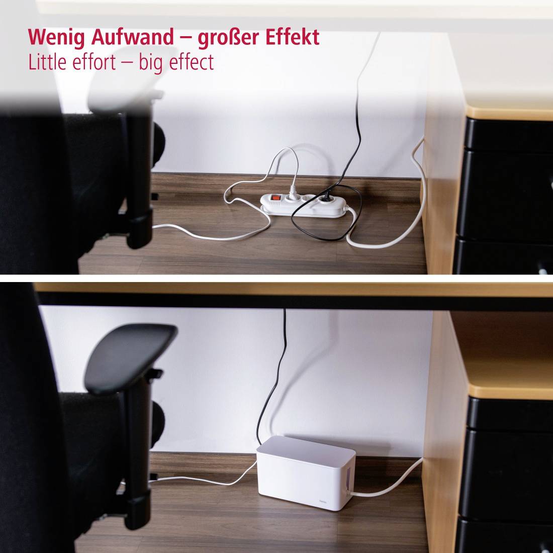 Unter einem Tisch ist eine Steckdosenleiste mit Kabeln zu sehen. Text oben links: 'Wenig Aufwand – großer Effekt'.