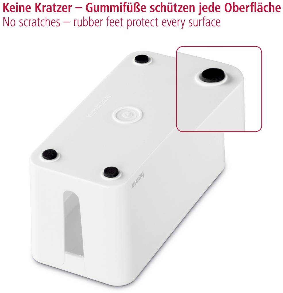 Eine rechteckige weiße Box mit vier schwarzen Gummifüßen, die Oberflächen vor Kratzern schützt.