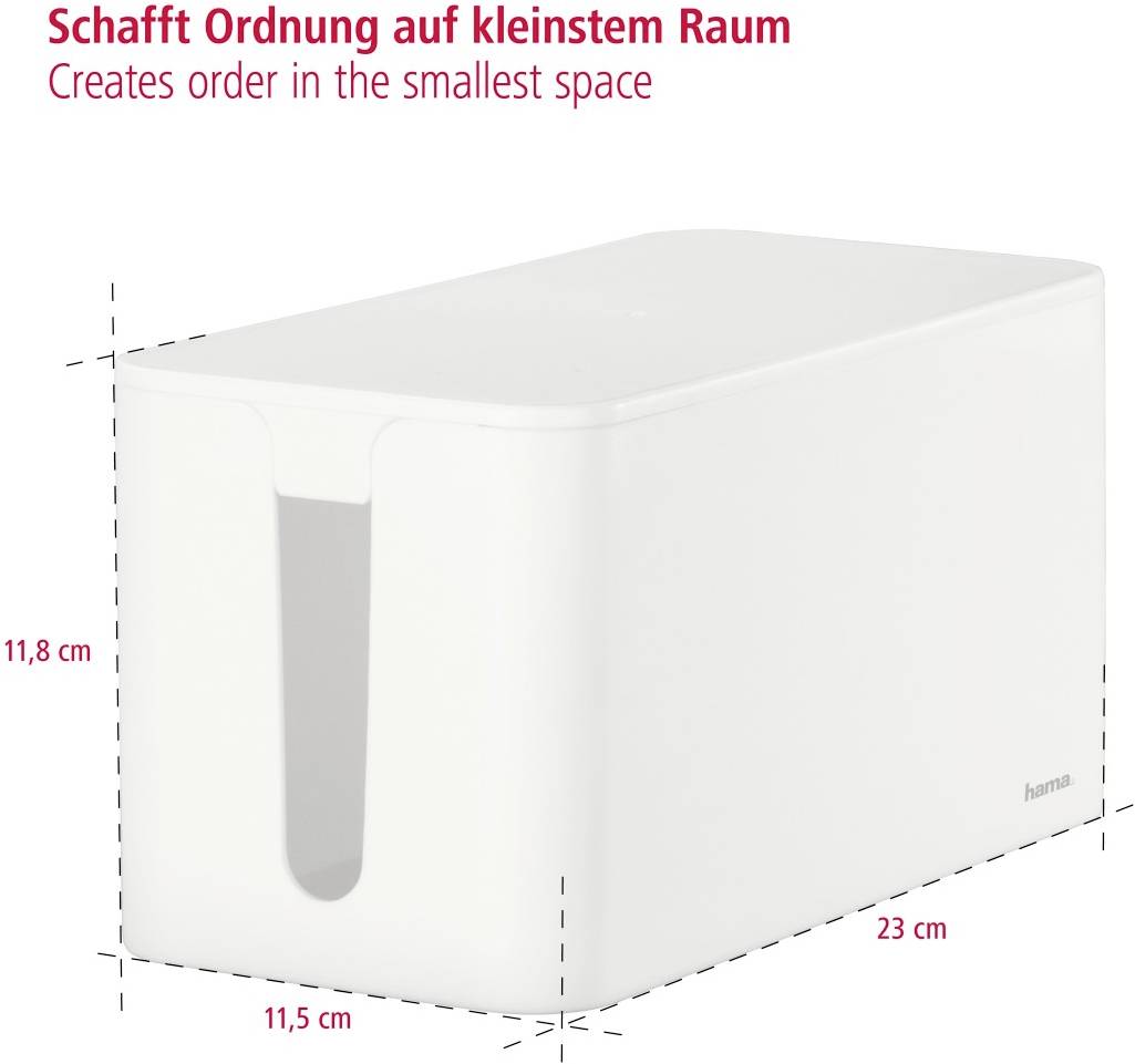 'Weiße Kabelbox mit Maßen: 23 cm lang, 11,5 cm breit, 11,8 cm hoch; Text: 'Schafft Ordnung auf kleinstem Raum'. Ideal zur Kabelorganisation.'