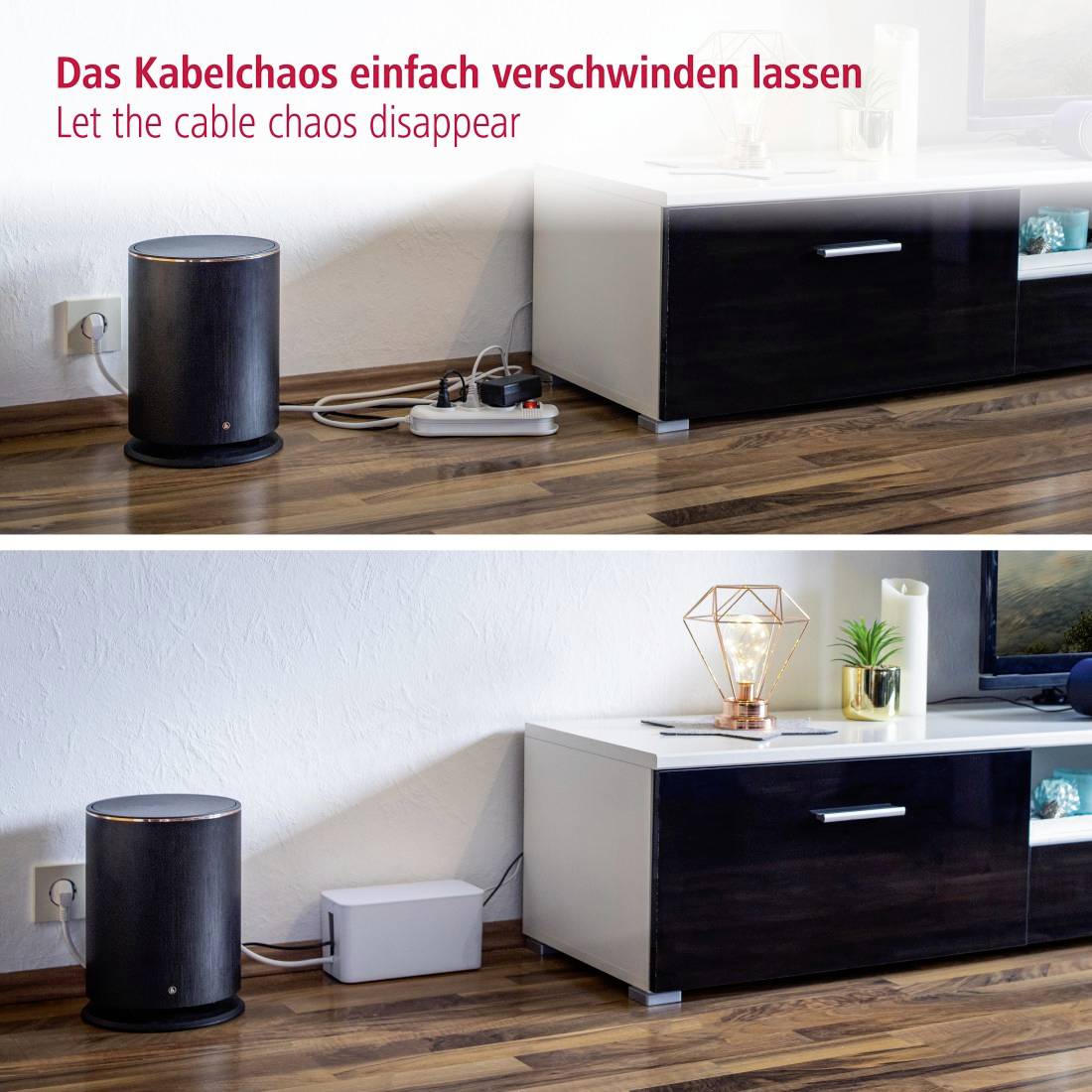 Vorher-Nachher-Bild von einer unordentlichen und dann ordentlich aufgeräumten Kabelaufbewahrung hinter einem Sideboard.