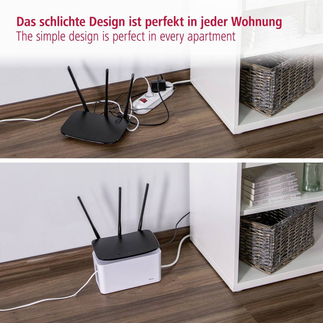 Ein WLAN-Router und eine Steckdosenleiste sind ordentlich in einem Regal verstaut. Oben: Unordentlich, unten: Aufgeräumt.