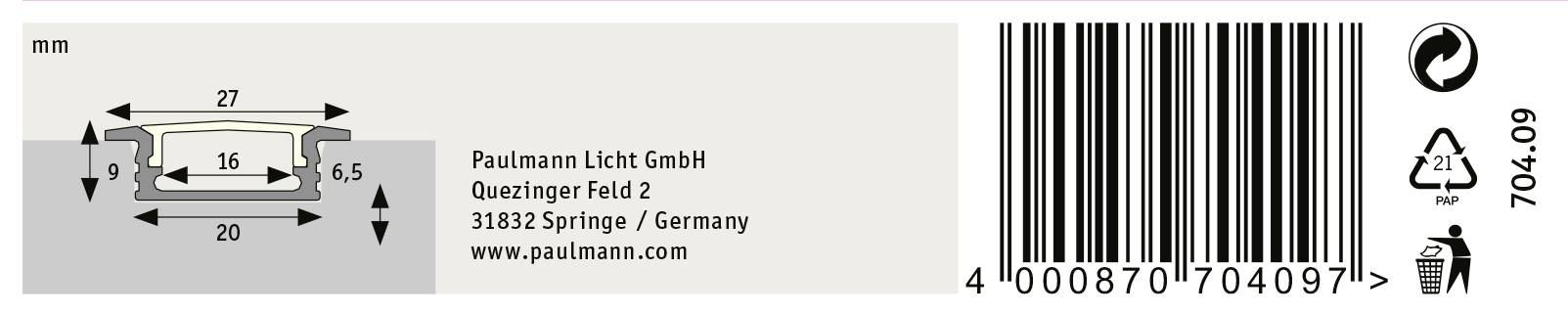 Technische Zeichnung eines Profils mit Maßen in Millimetern. Hersteller: Paulmann Licht GmbH, Adresse: Quezinger Feld 2, 31832 Springe, Germany, www.paulmann.com.