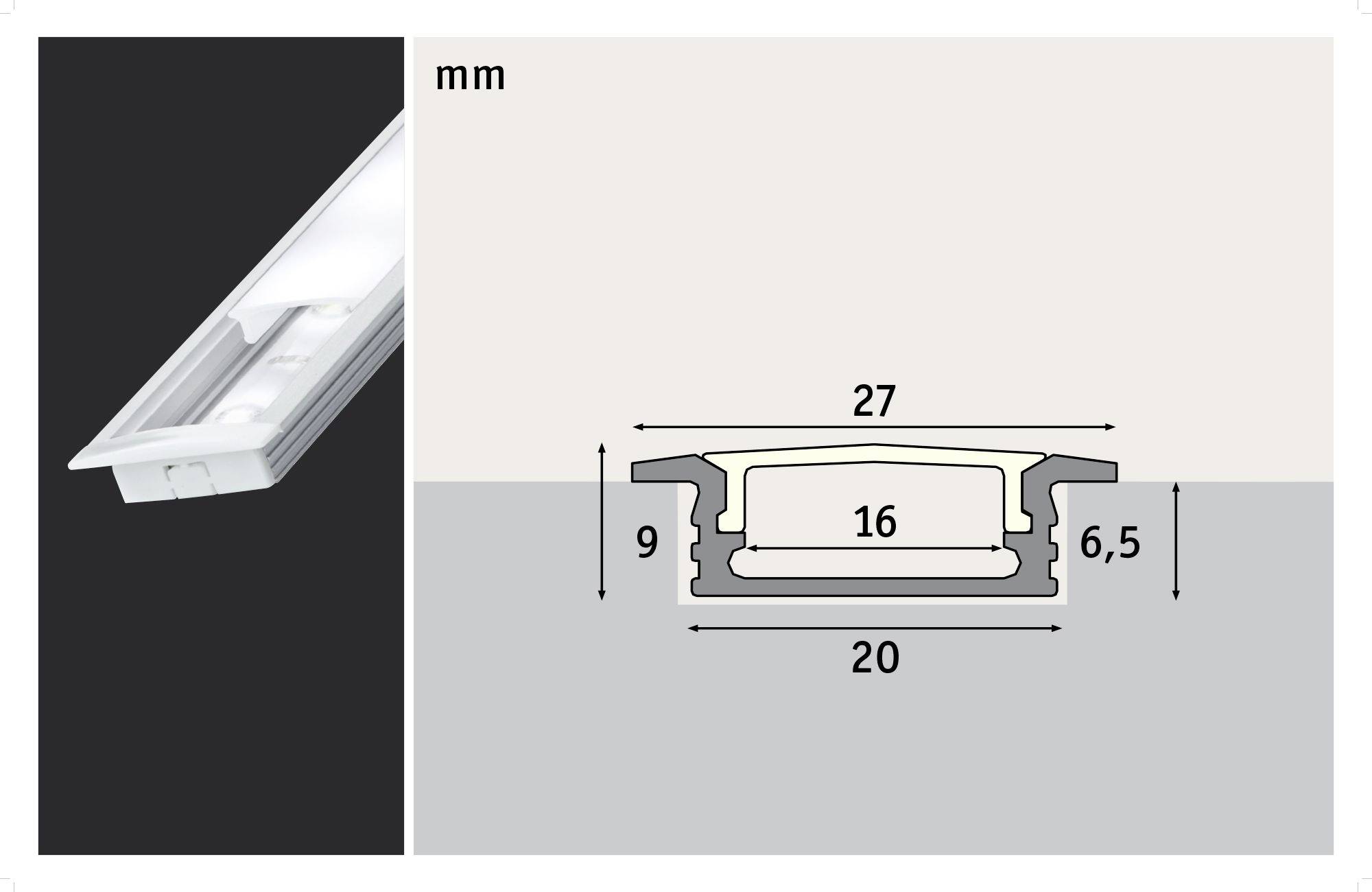 Diagramm eines rechteckigen Beleuchtungsprofils mit Maßen in Millimetern: Breite 27, Höhe 9, Schnittbreite 20, Tiefe 6,5 mm.