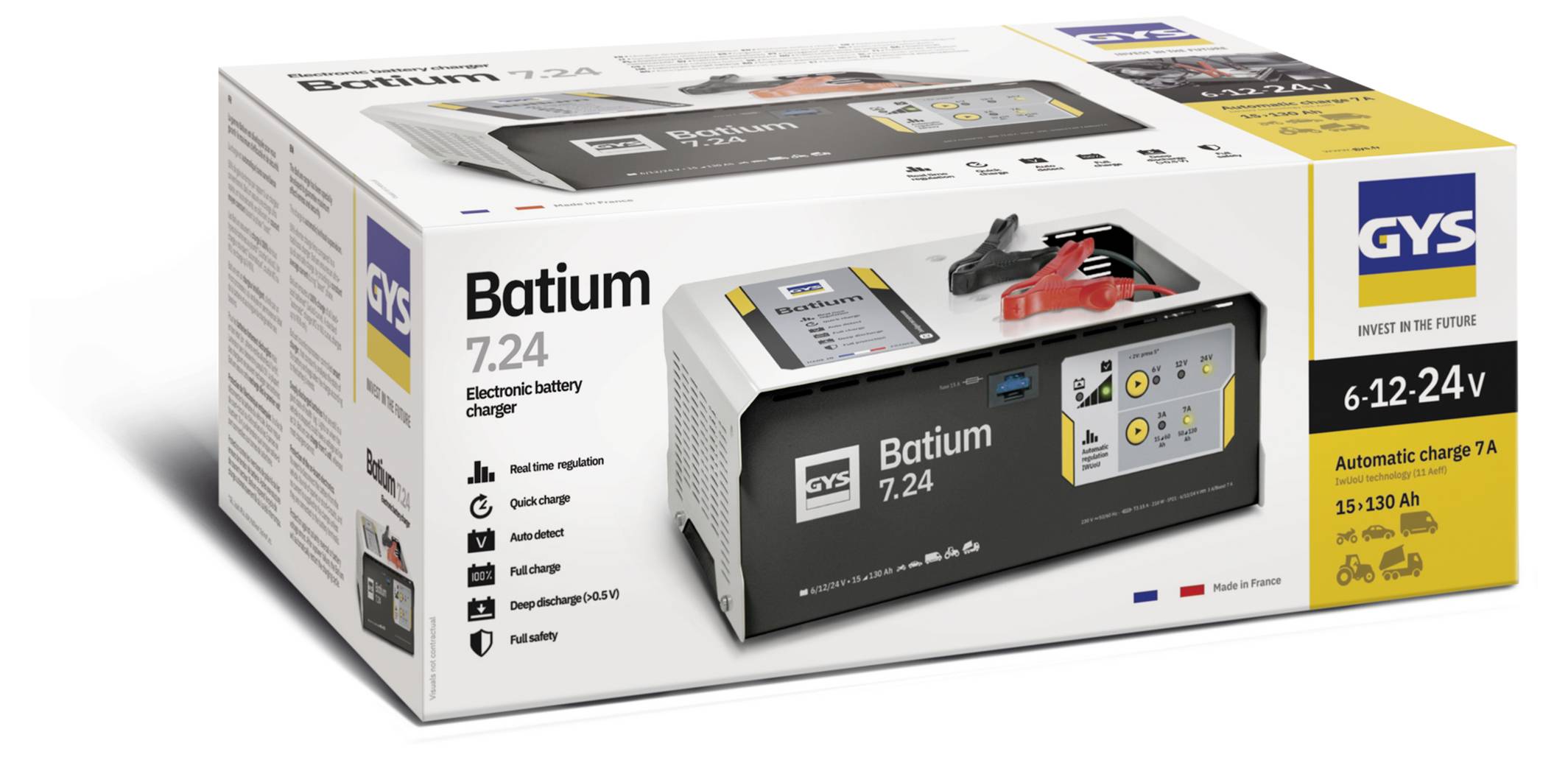 # Geldbox des GYS Batium 7.24 automatisches Batterieladegerät für 6-12-24V Batterien, mit Produktbild und wichtigsten Spezifikationen auf der Verpackung.