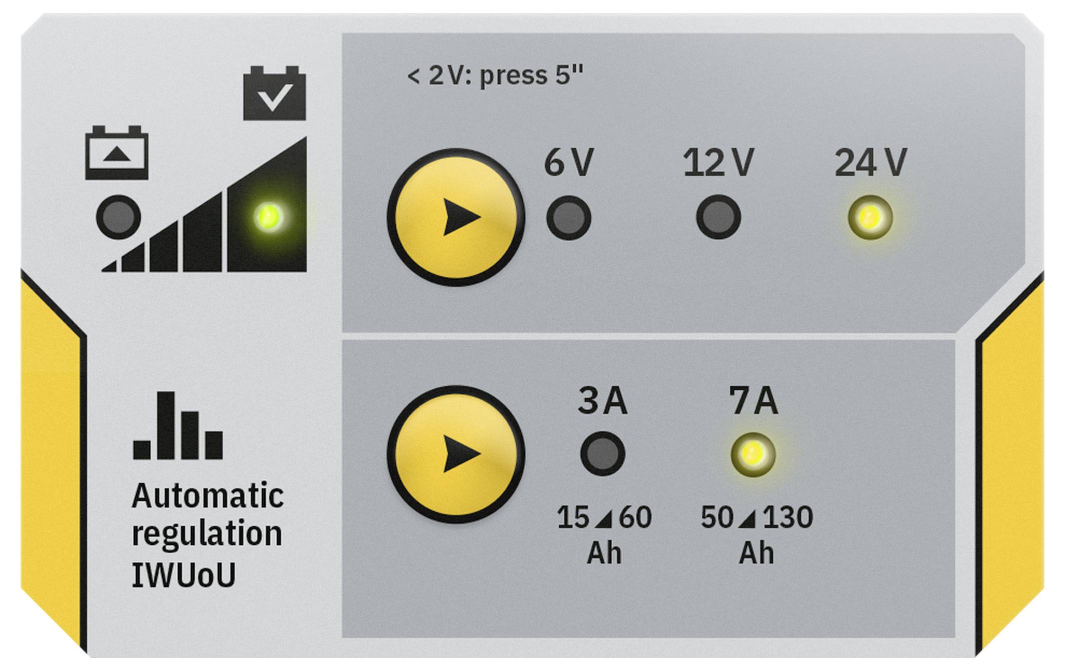 Automatisches Batterie-Ladegerät-Bedienfeld zeigt Spannung und Ladeeinstellungen, mit beleuchteten 24V- und 7A-Anzeigen und der Kennzeichnung 