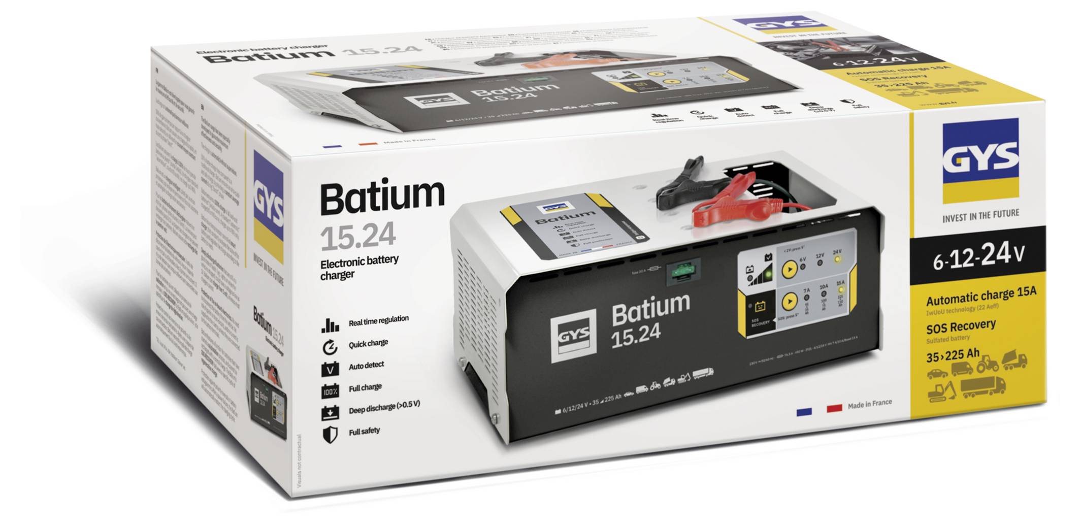 Verpackung für einen elektronischen Batterieladehalter GYS Batium 15.24, zeigt das Bild des Ladehalters und wichtige Spezifikationen: 6-12-24V, automatisches Laden 15A, SOS-Wiederherstellung.