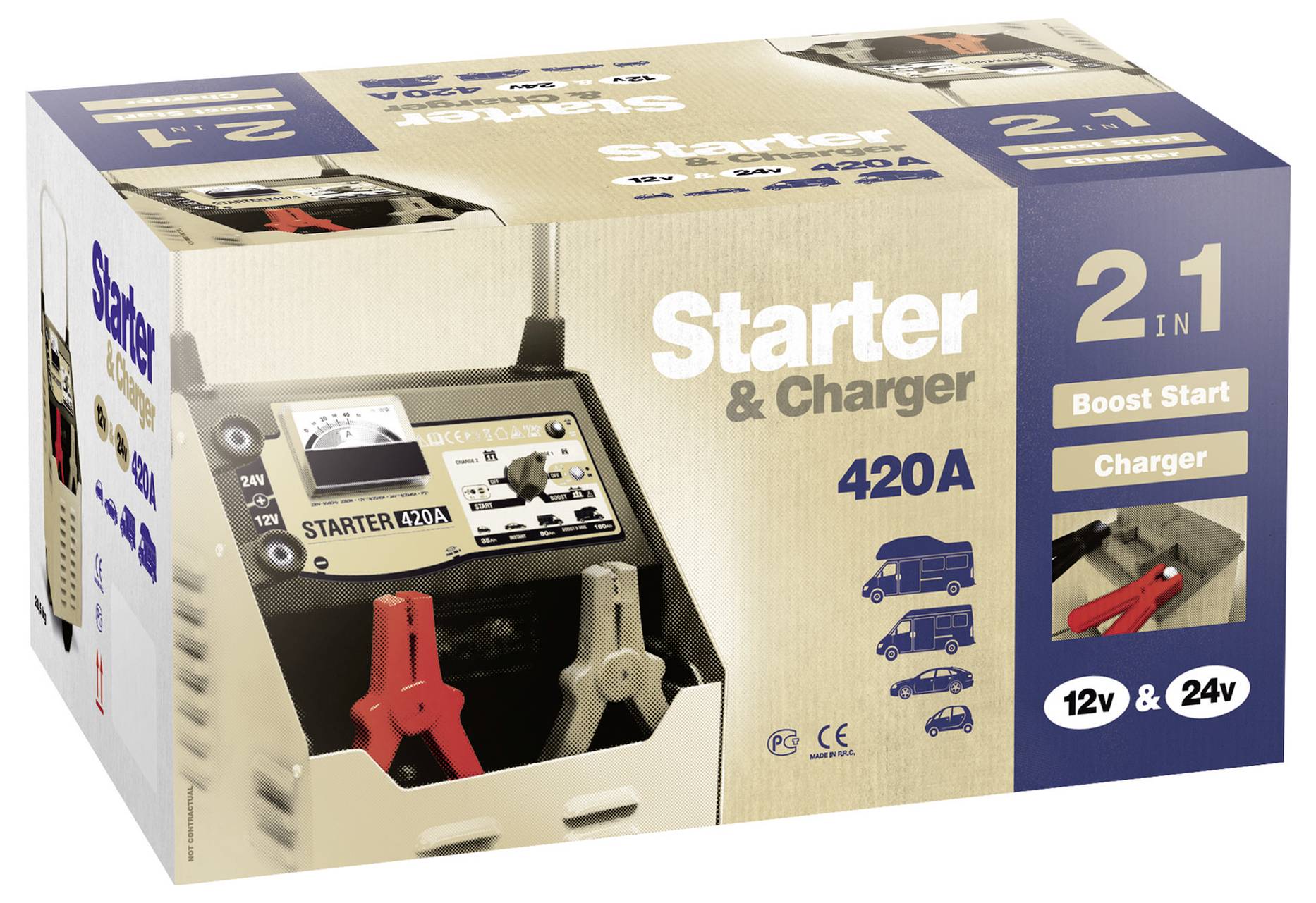 Boxed 2-in-1 'Starter & Charger' Batterieladegerät, 420A, für 12V und 24V Fahrzeuge, mit roten und schwarzen Klemmen auf der Verpackung abgebildet.