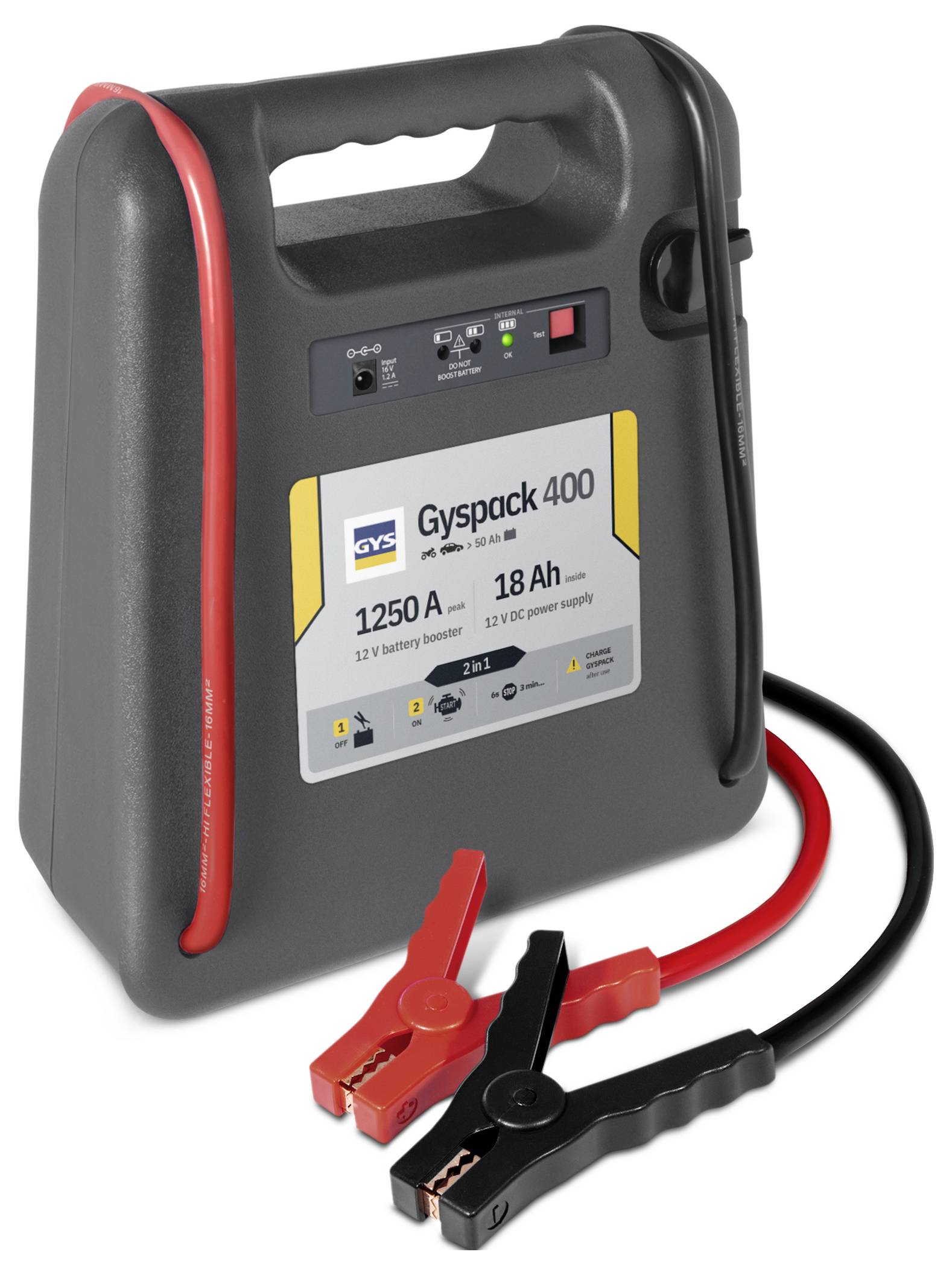 Tragbares GysPack 400 Starthilfeset mit rot und schwarz angebrachten Überbrückungskabeln, zeigt 12V Stromversorgung und Ladeanzeige-Leuchten.