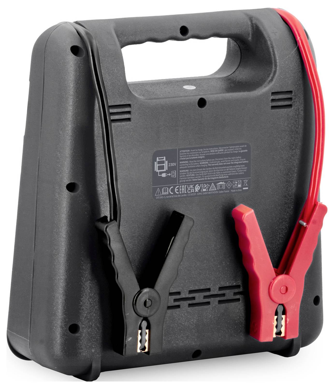 Tragbarer Starthilfegerät mit integriertem Griff, schwarzem Gehäuse und roten und schwarzen Batterieklemmen an der Vorderseite angebracht.