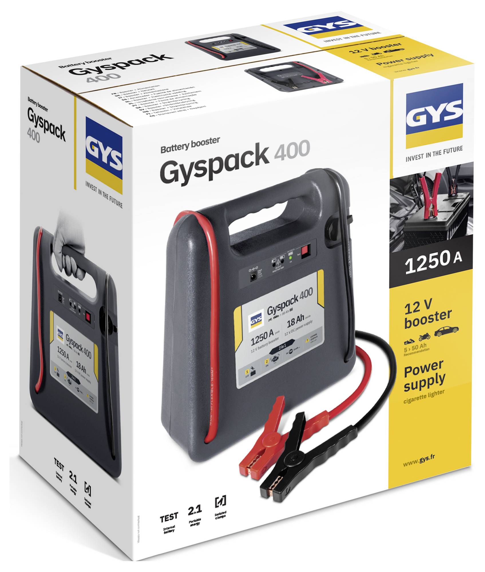Produktbox für GYS Gyspack 400 Starthilfegerät, zeigt den tragbaren Starthelfer mit Klemmen und „1250 A