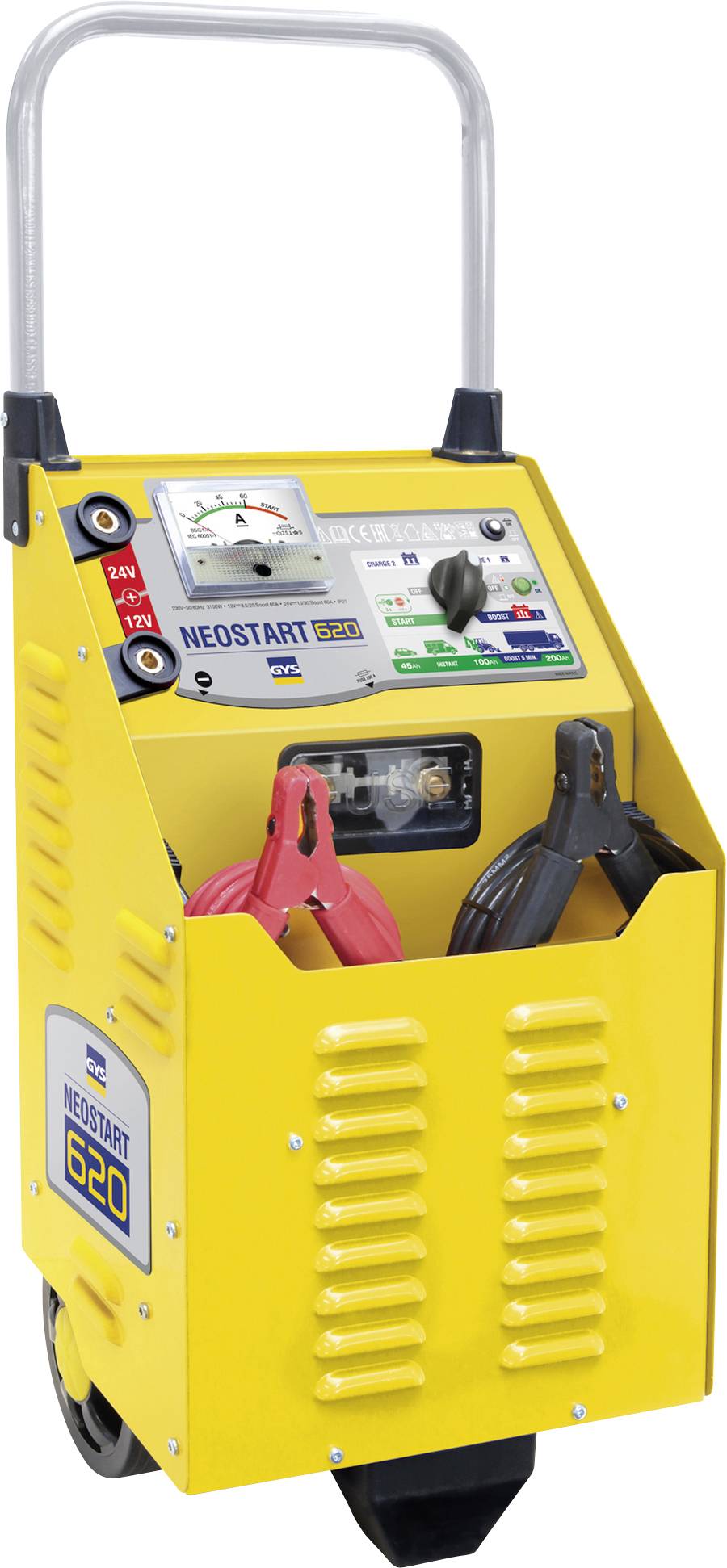 Tragbare gelbe Batterie-Starthilfegerät und Ladegerät mit Griff, Messuhr, Kabeln und vorderem Aufbewahrungsfach mit der Bezeichnung „NEOSTART 620