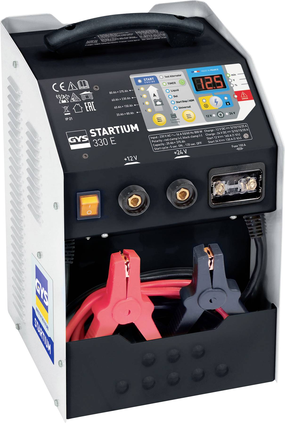 Tragbarer GYS Startium 330 E Batteriesprungstarter/Ladegerät mit digitaler Bedienelektronik, Griff, Klemmen und Kabelablage.