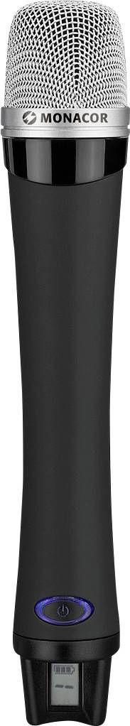 Schwarzes Handmikrofon mit silbernem Gitterkopf und Digitalanzeige am Griffende, Marke 'Monacor'.