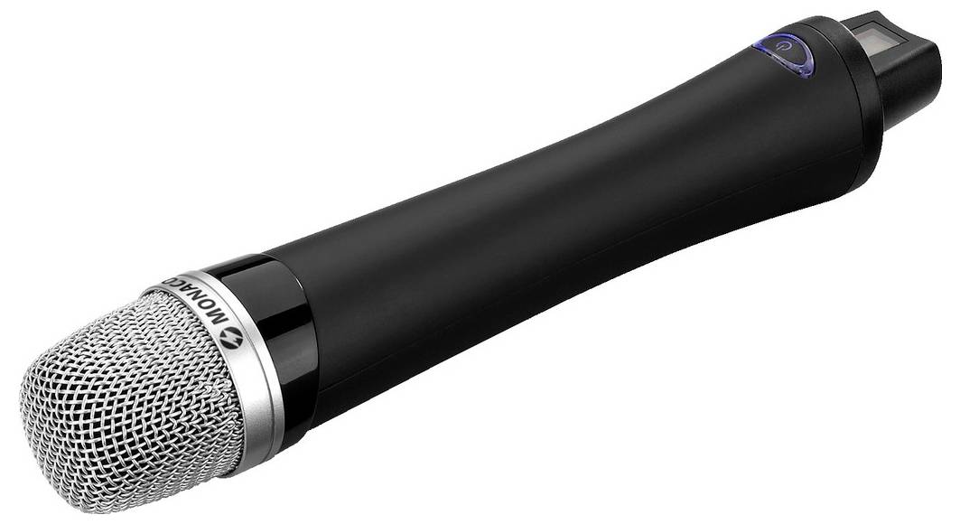 Ein schwarzes drahtloses Mikrofon mit silbernem Gitterkopf zeigt nach rechts oben.