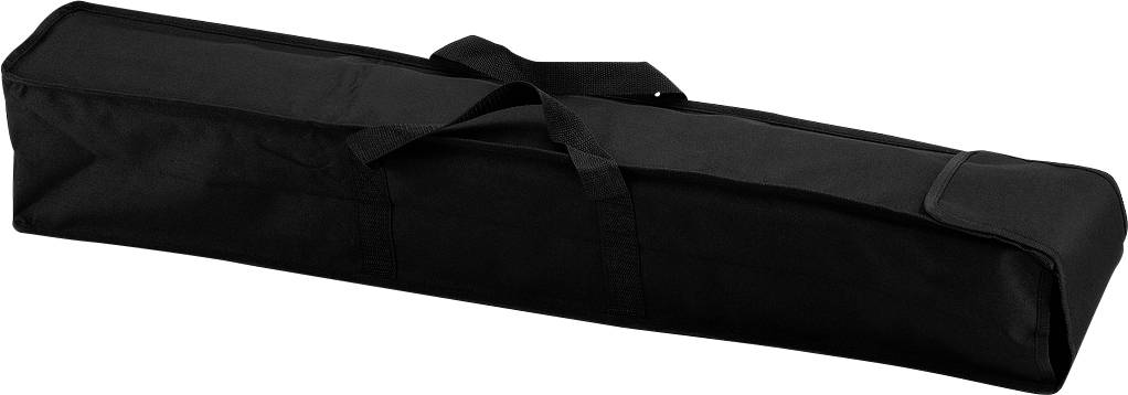 Eine lange, rechteckige, schwarze Tragetasche mit Griffen, wahrscheinlich zum Transport eines tragbaren Gegenstands wie eines Stativs.
