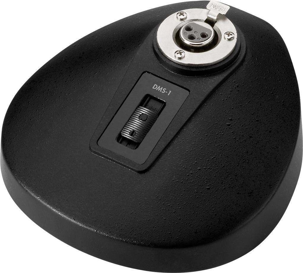 Ein schwarzer Mikrofon-Tischfuß mit XLR-Anschluss oben und Schalter in der Mitte. Geeignet zur Fixierung von Mikrofonen.