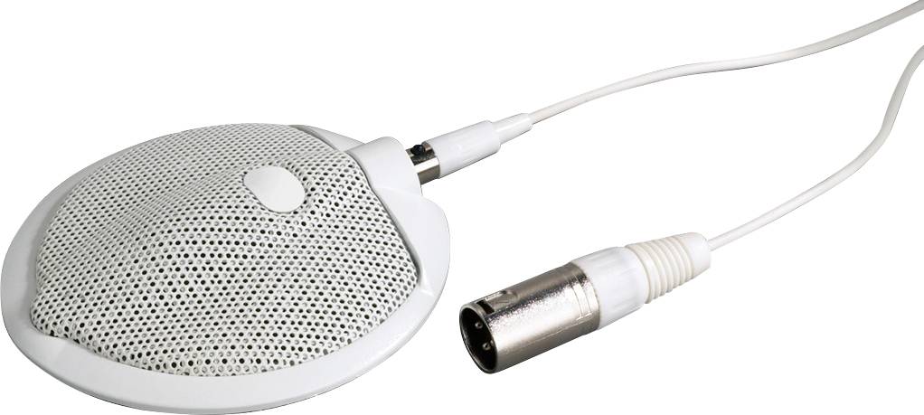 Ein weißes, rundes Tischmikrofon mit XLR-Anschlusskabel, geeignet für Konferenzen oder Meetings.