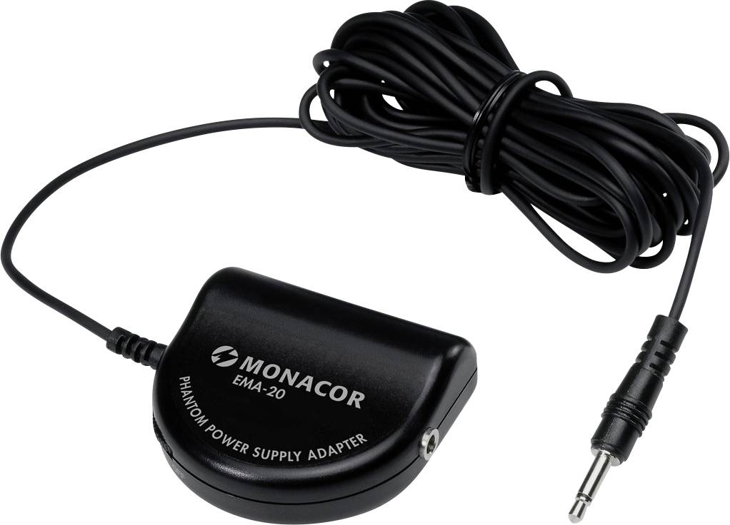 Phantomspeiseadapter Monacor EMA-20 mit Kabel und 3,5 mm Klinkenstecker, zur Stromversorgung von Mikrofonen.