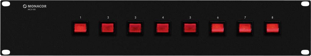 Vorderansicht eines schwarzen Geräts mit sieben rot beleuchteten Knöpfen, nummeriert von 1 bis 8, von links nach rechts.