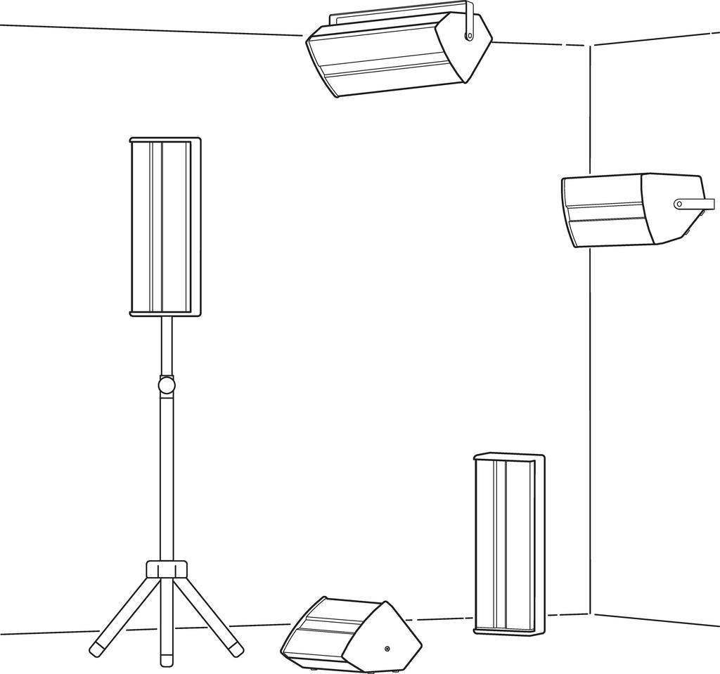 Eine technische Zeichnung zeigt vier akustische Absorber an einer Eckwand und auf einem Ständer in einem Raum, zur Schallreduzierung.