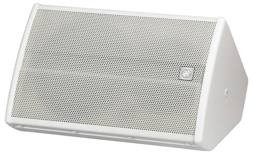 Ein weißer Wandlautsprecher in rechteckiger Form mit einem Lochgitter an der Vorderseite und einem kleinen Logo in der oberen Ecke.