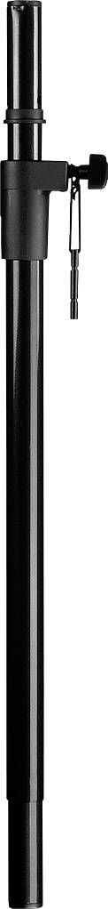 Schwarzes Teleskoprohr mit Einstellknopf und Sicherheitsstift zur Höhenverstellung, geeignet für Lautsprecherständer.