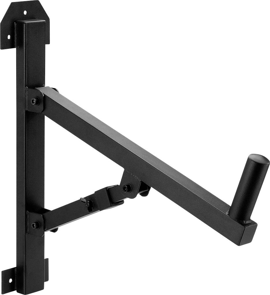 Ein schwarzer, metallener Wandhalterung zur Befestigung eines Boxsackes, mit einem Haken am Armende und einer verstärkten Basis.