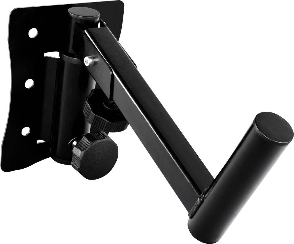 Eine schwarze Wandhalterung mit verstellbarem Arm und mehreren Befestigungslöchern, geeignet für technische Geräte oder Bildschirme.