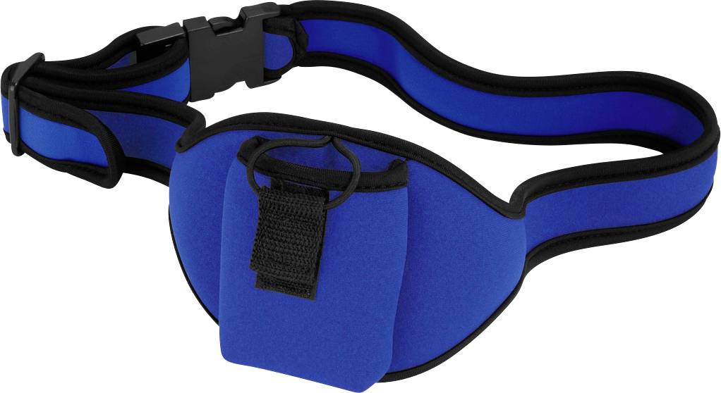 Blauer Bauchgurt mit verstellbarem Verschluss und einer kleinen Tasche vorne, geeignet für Sport oder Outdoor-Aktivitäten.