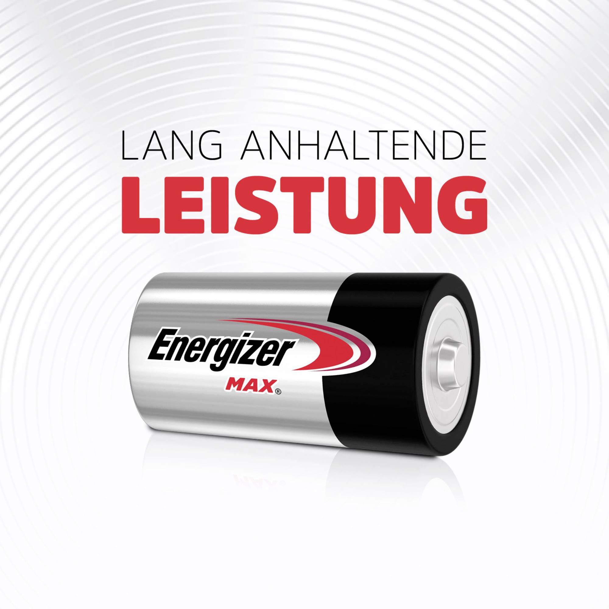 Eine silberne Energizer MAX Batterie mit schwarzem und rotem Logo auf weißem Hintergrund. Text darüber: Lang anhaltende Leistung.