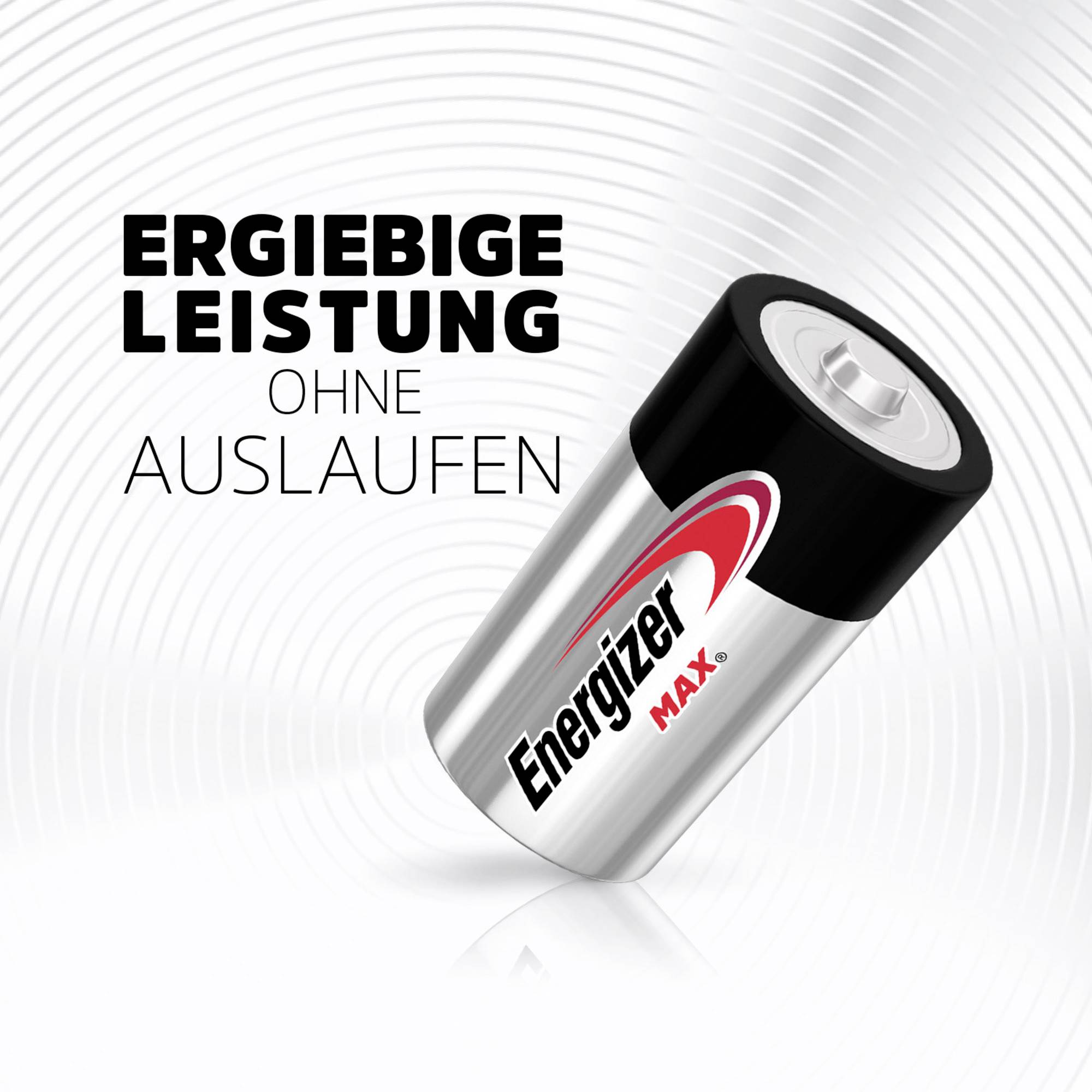 'Ergiebige Leistung ohne Auslaufen' steht neben einer Energizer Max Batterie auf einem stilisierten, kreisförmigen Hintergrund.