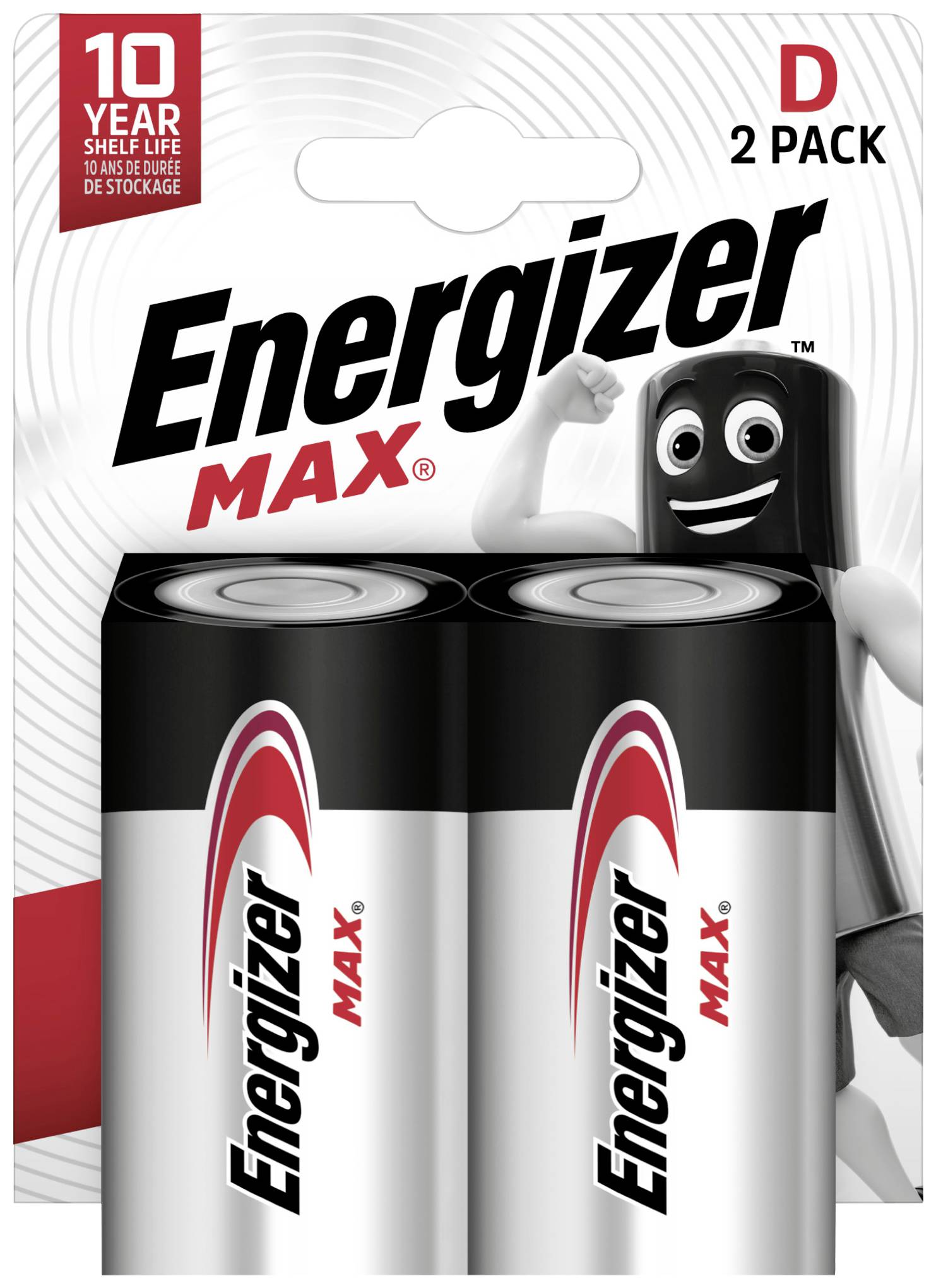 'Zwei Energizer Max D-Batterien im 2er-Pack. Auf der Verpackung steht '10 Jahre Lagerfähigkeit'.'