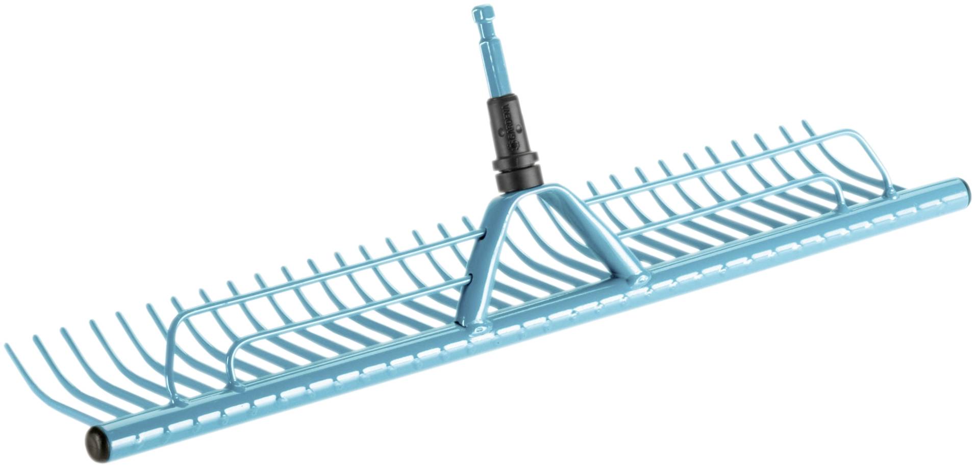Ein blauer Rasenrechen mit robustem Stielansatz und breiten Metallzinken, geeignet für das Entfernen von Laub und Rasenabfällen.