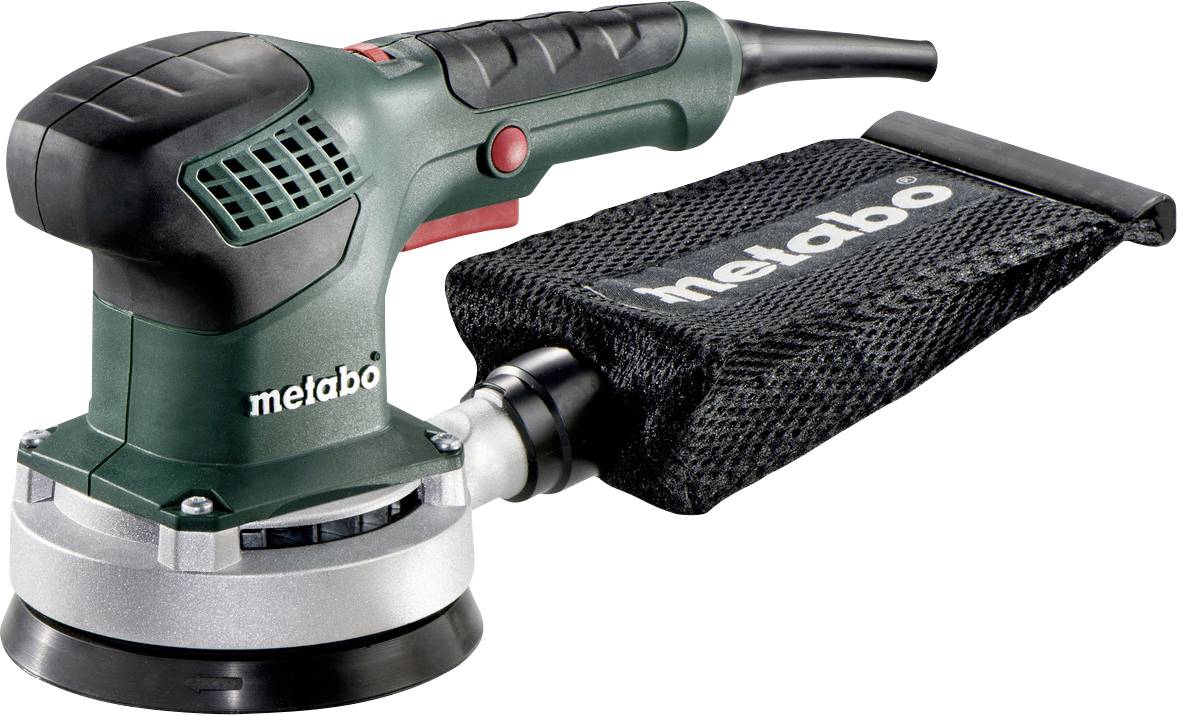 Grüner Metabo Elektroschleiffer mit schwarzem Staubsack auf weißem Hintergrund.
