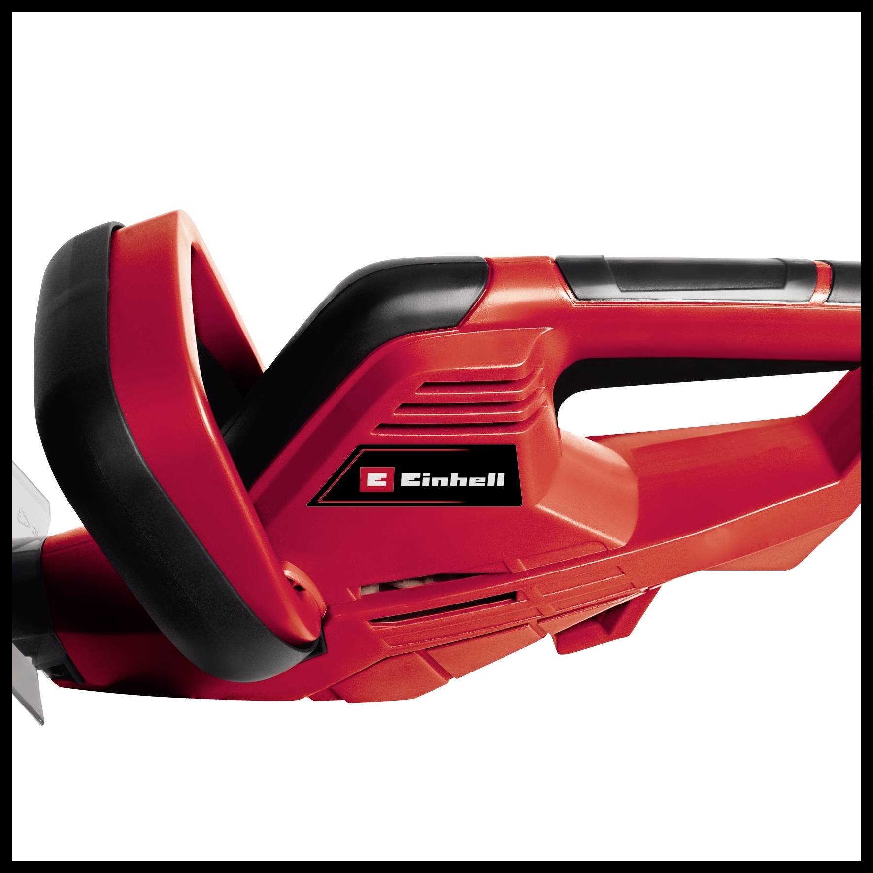 Ein rotes, ergonomisch gestaltetes Gartengerät mit schwarzem Griff von Einhell, vermutlich eine Heckenschere oder ein Trimmer.