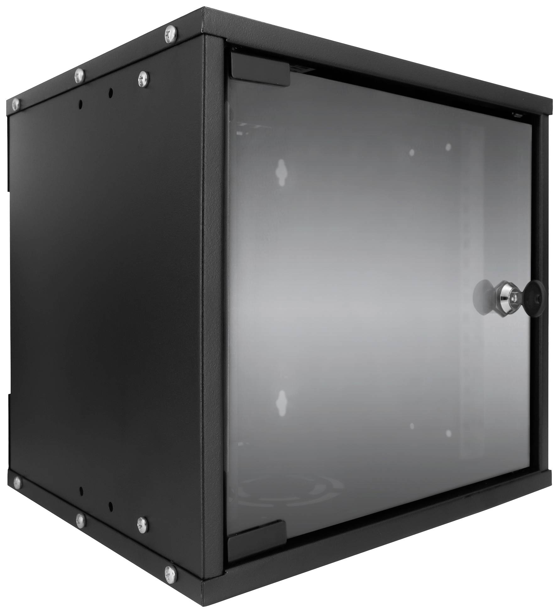 Ein schwarzer Wandnetzwerkschrank mit Glastür und Schlüsselschloss. Ideal zur sicheren Aufbewahrung von IT-Equipment.