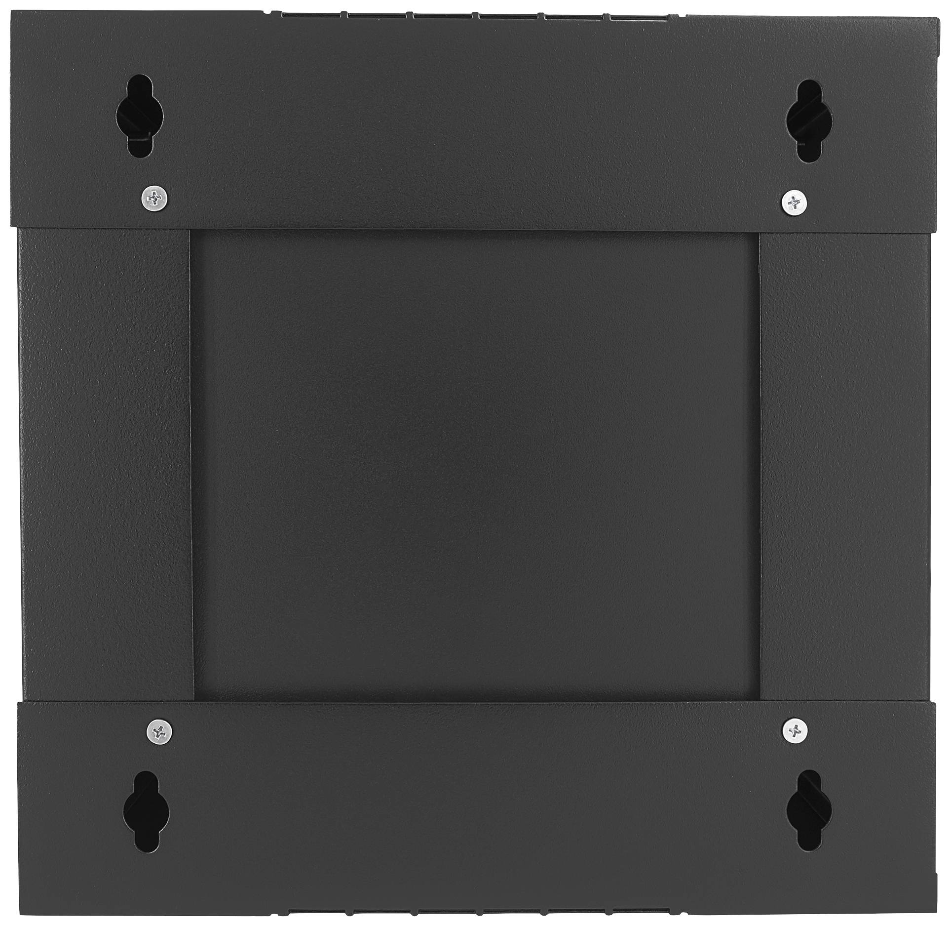 Schwarze quadratische Metallplatte mit Löchern zur Wandmontage.