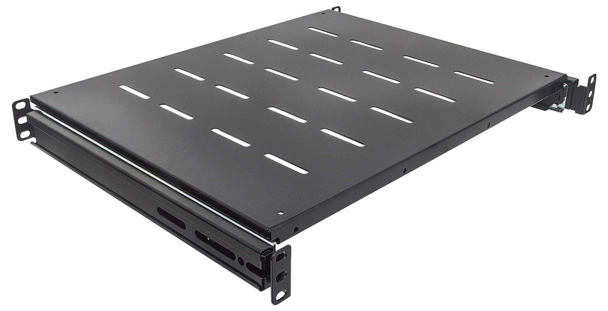 Schwarzes Metall-Rackmontagefach mit Gleitfunktion, Belüftungsschlitzen und vorderen Befestigungswinkeln auf weißem Hintergrund.